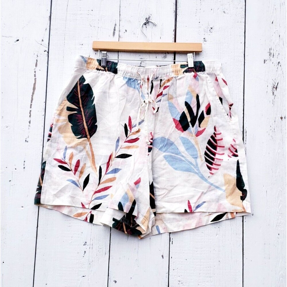 Cynthia Rowley Women's White Tropical 100% LINEN Drawstring Flowy Shorts Sz 2X
